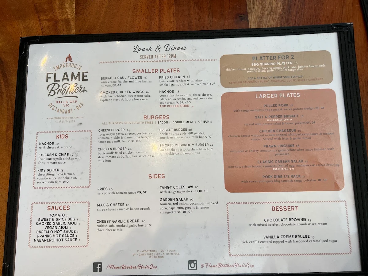 Menu, Flame Brothers Cafe Restaurant & Bar