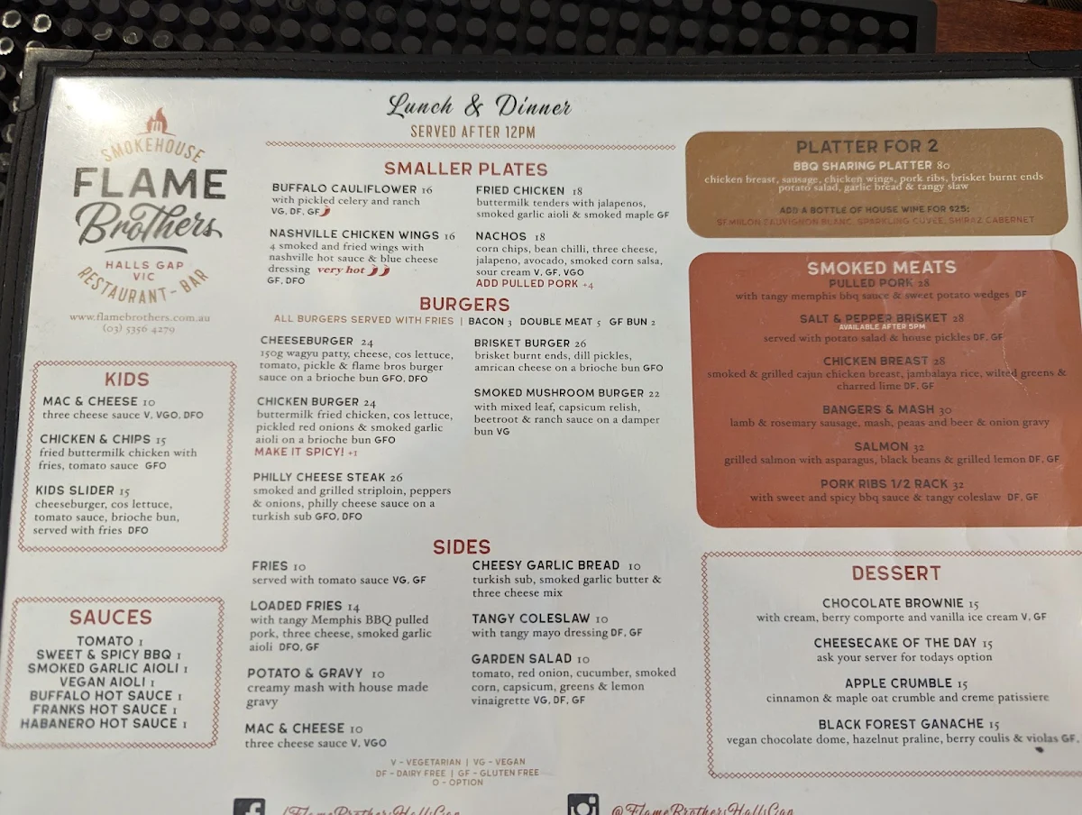 Menu, Flame Brothers Cafe Restaurant & Bar