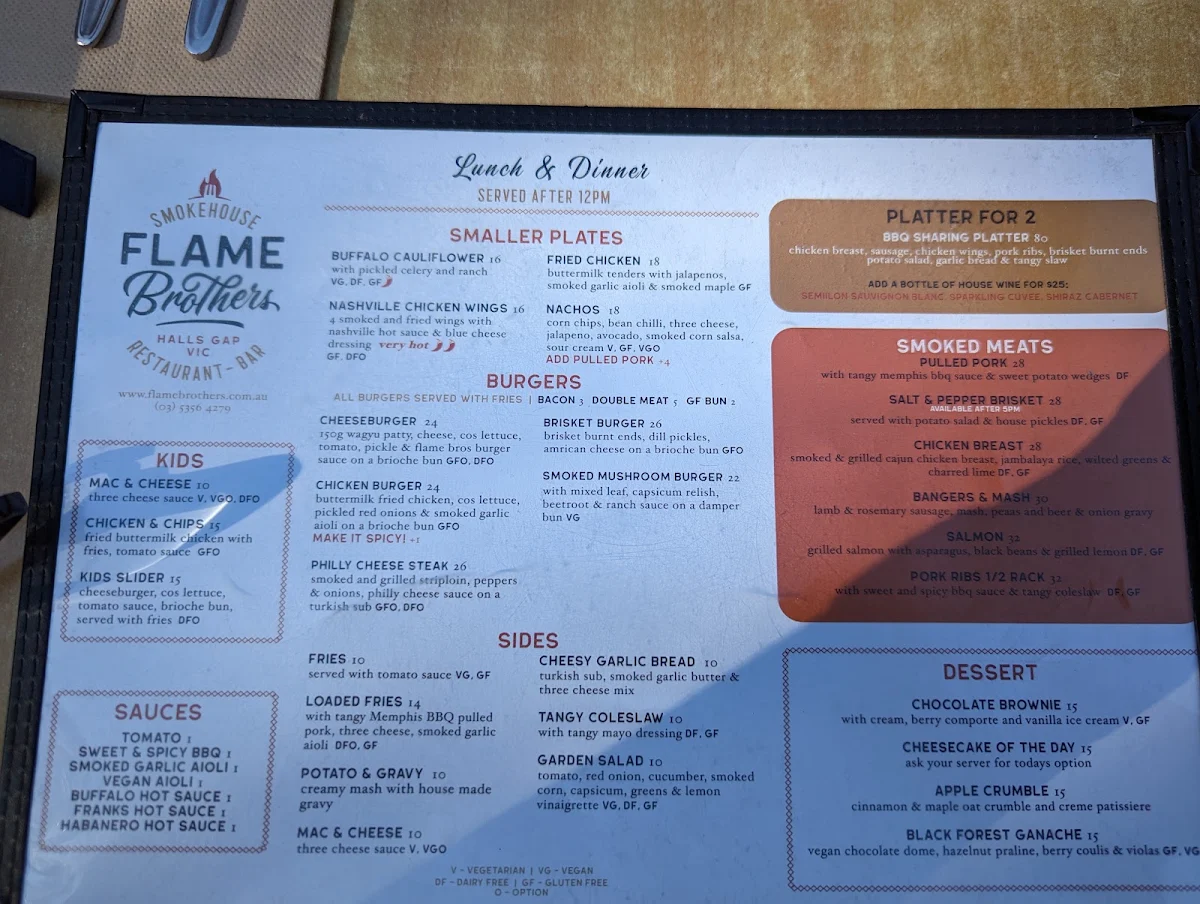 Menu, Flame Brothers Cafe Restaurant & Bar