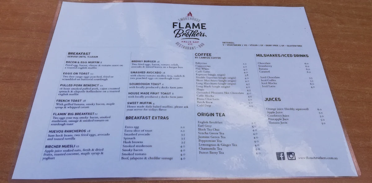 Menu, Flame Brothers Cafe Restaurant & Bar