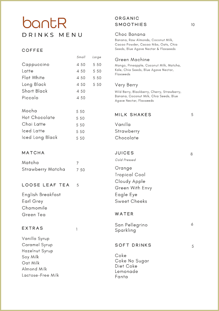 Menu, bantR Cafe