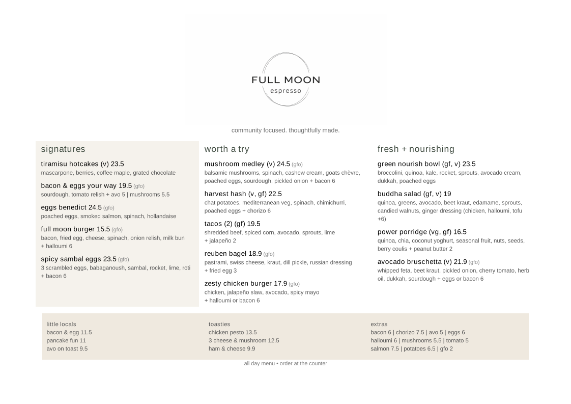 Menu, Full Moon Espresso