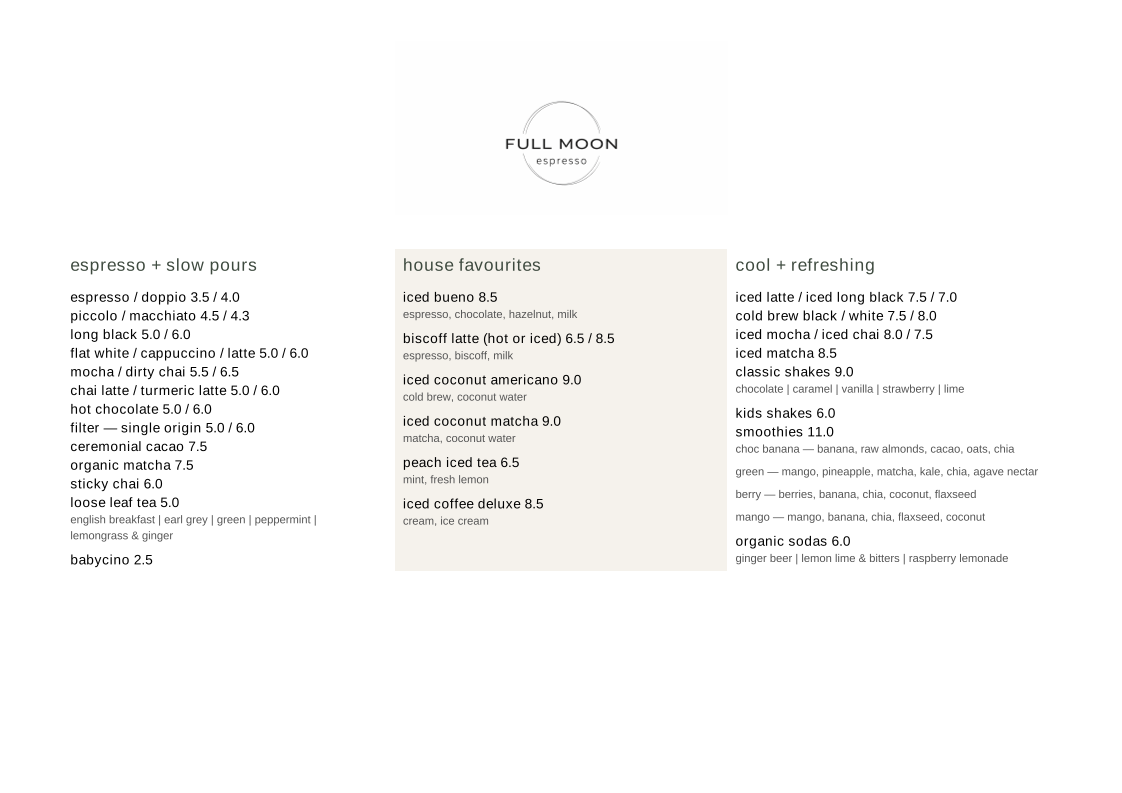 Menu, Full Moon Espresso