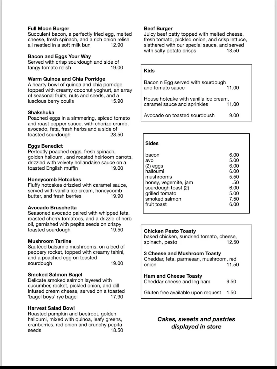 Menu, Full Moon Espresso