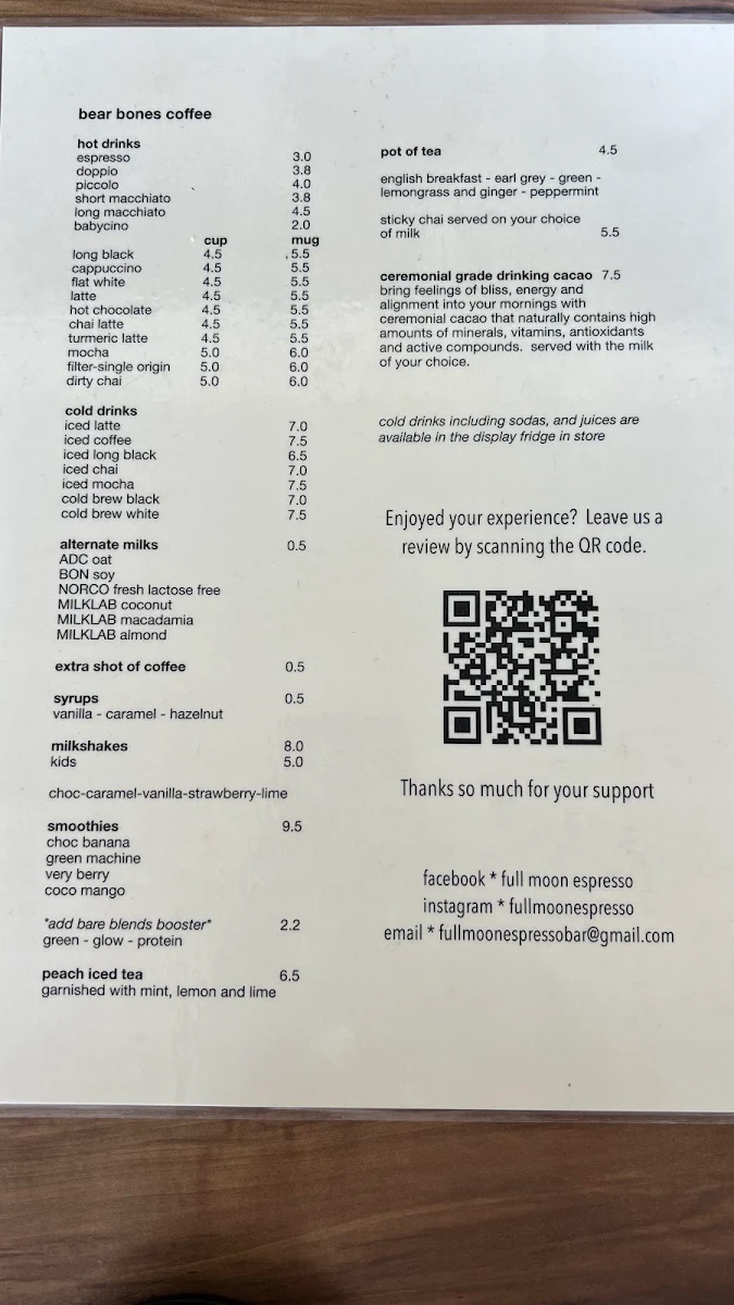 Menu, Full Moon Espresso