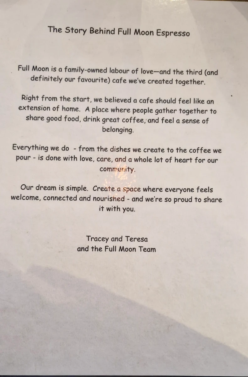 Menu, Full Moon Espresso