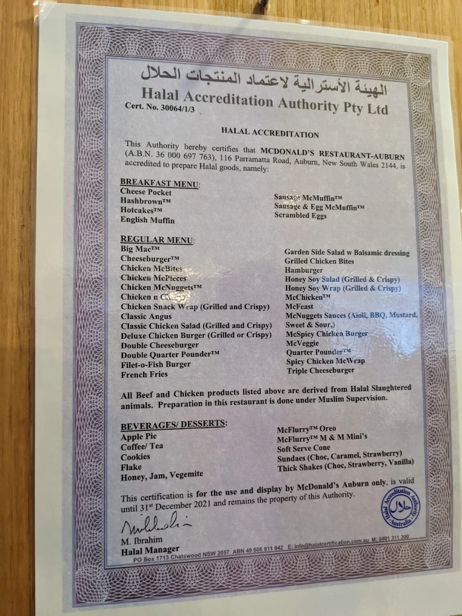 Menu, McDonald's Auburn