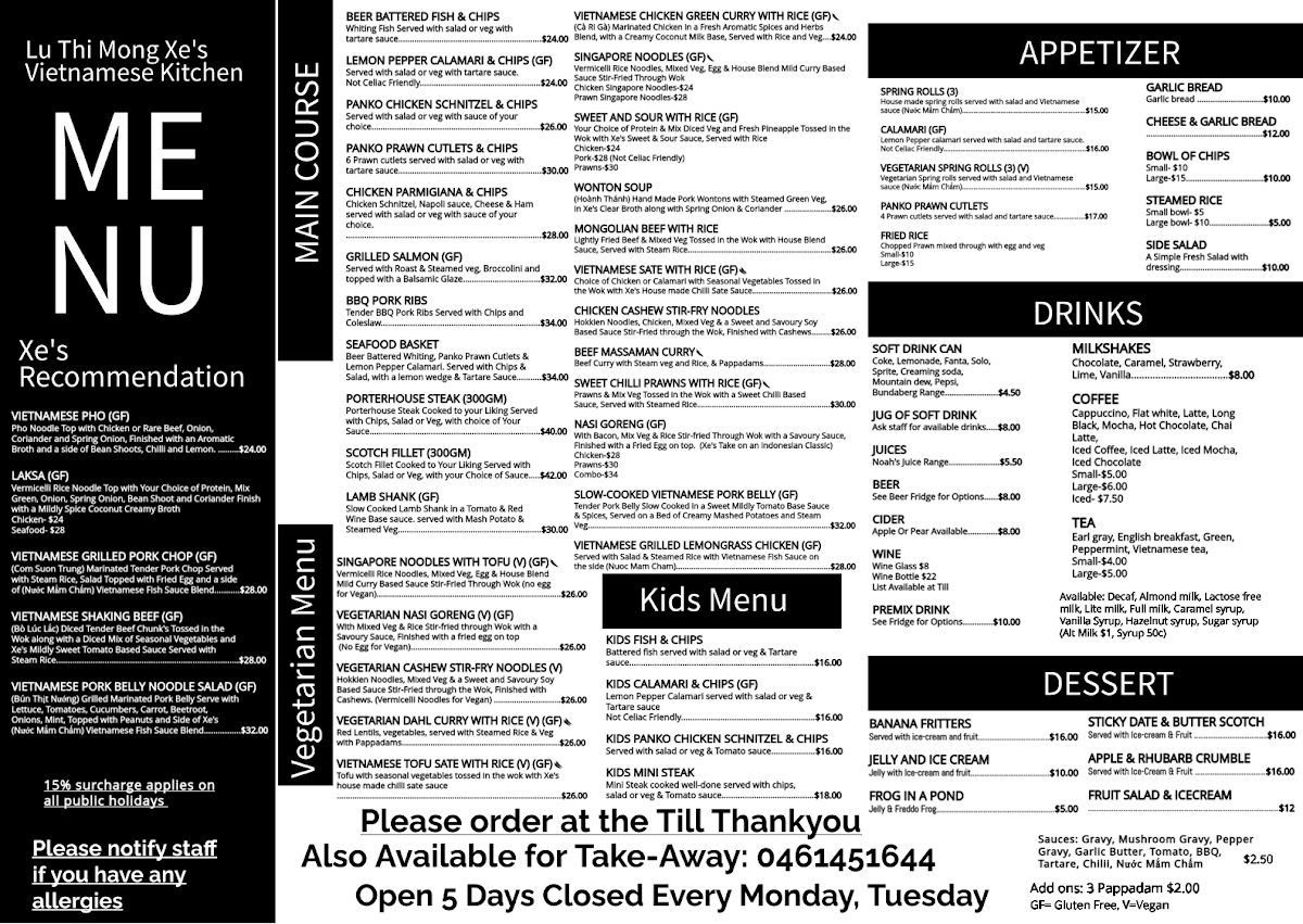 Menu, Lu Thi Mong Xe's Vietnamese Restaurant