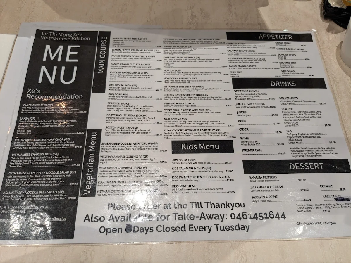 Menu, Lu Thi Mong Xe's Vietnamese Restaurant