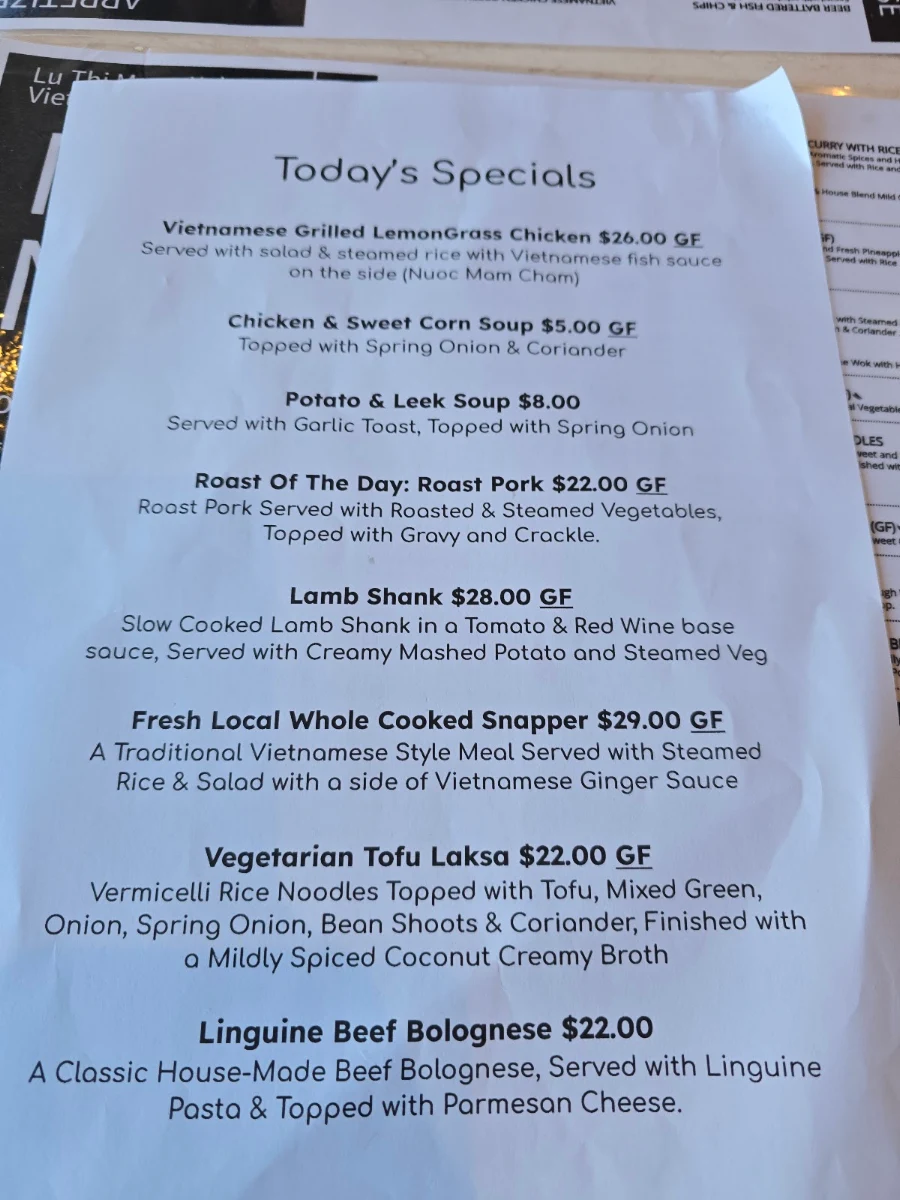 Menu, Lu Thi Mong Xe's Vietnamese Restaurant