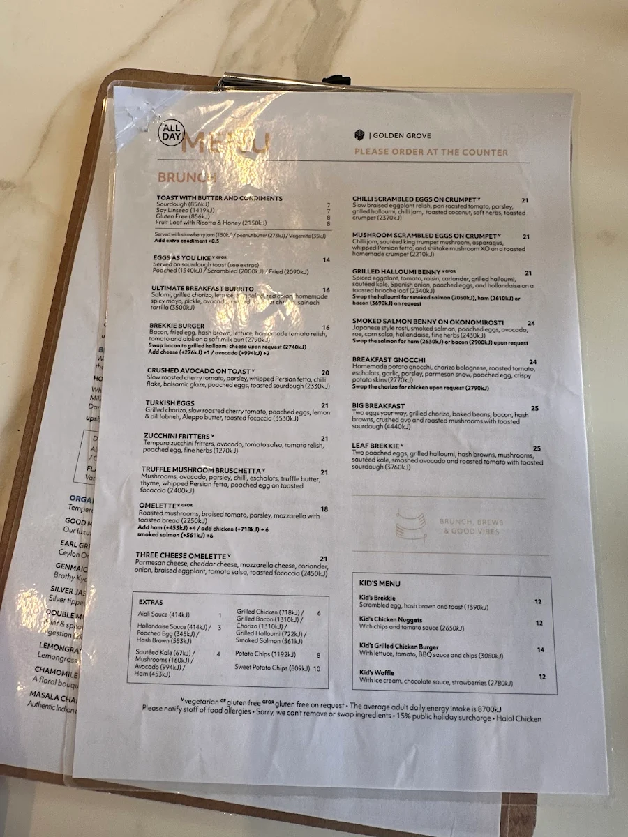 Menu, Leaf Cafe & Co Golden Grove