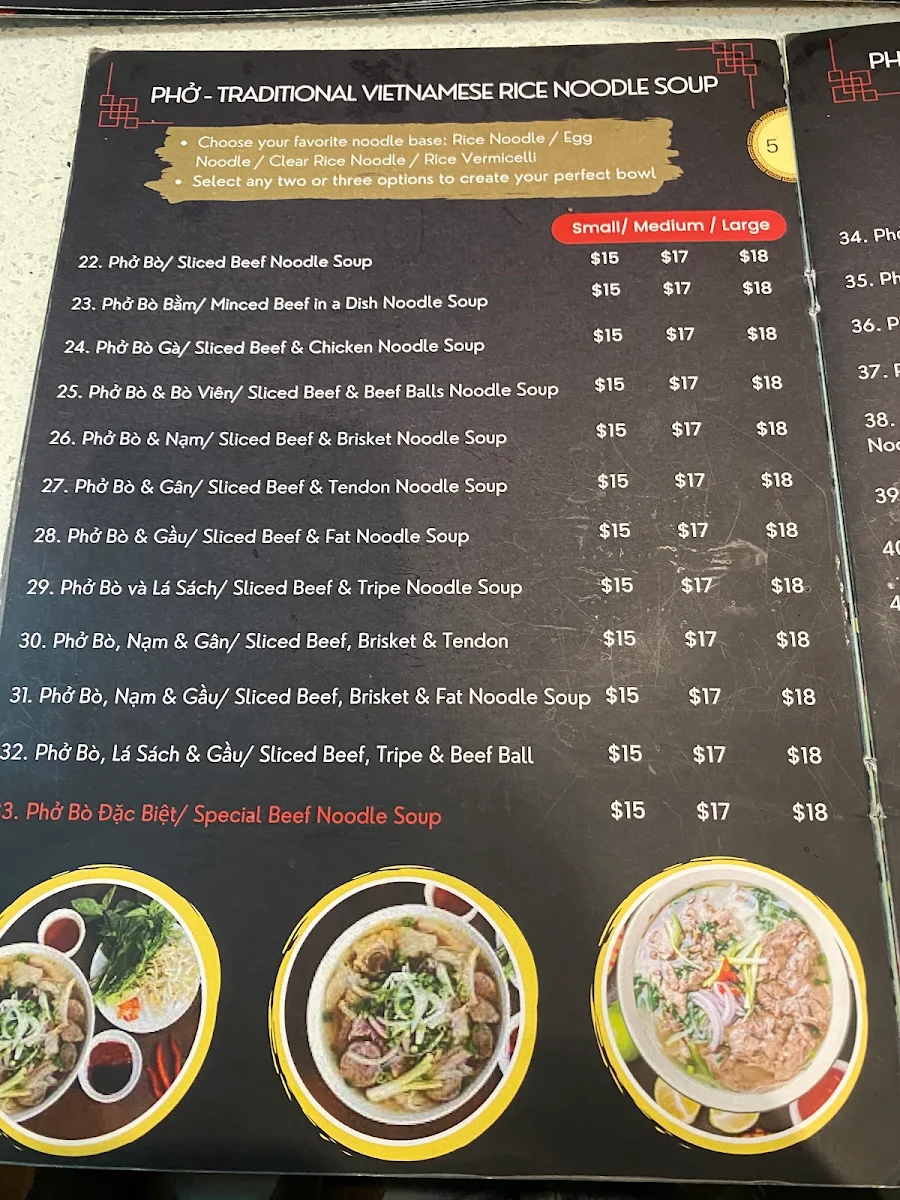 Menu, Phở Hiền Vương Pasteur