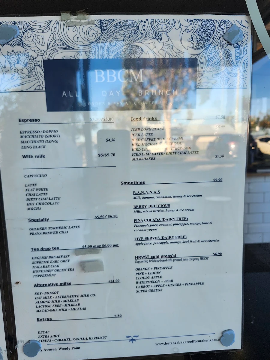 Menu, Butcher Baker Coffeemaker