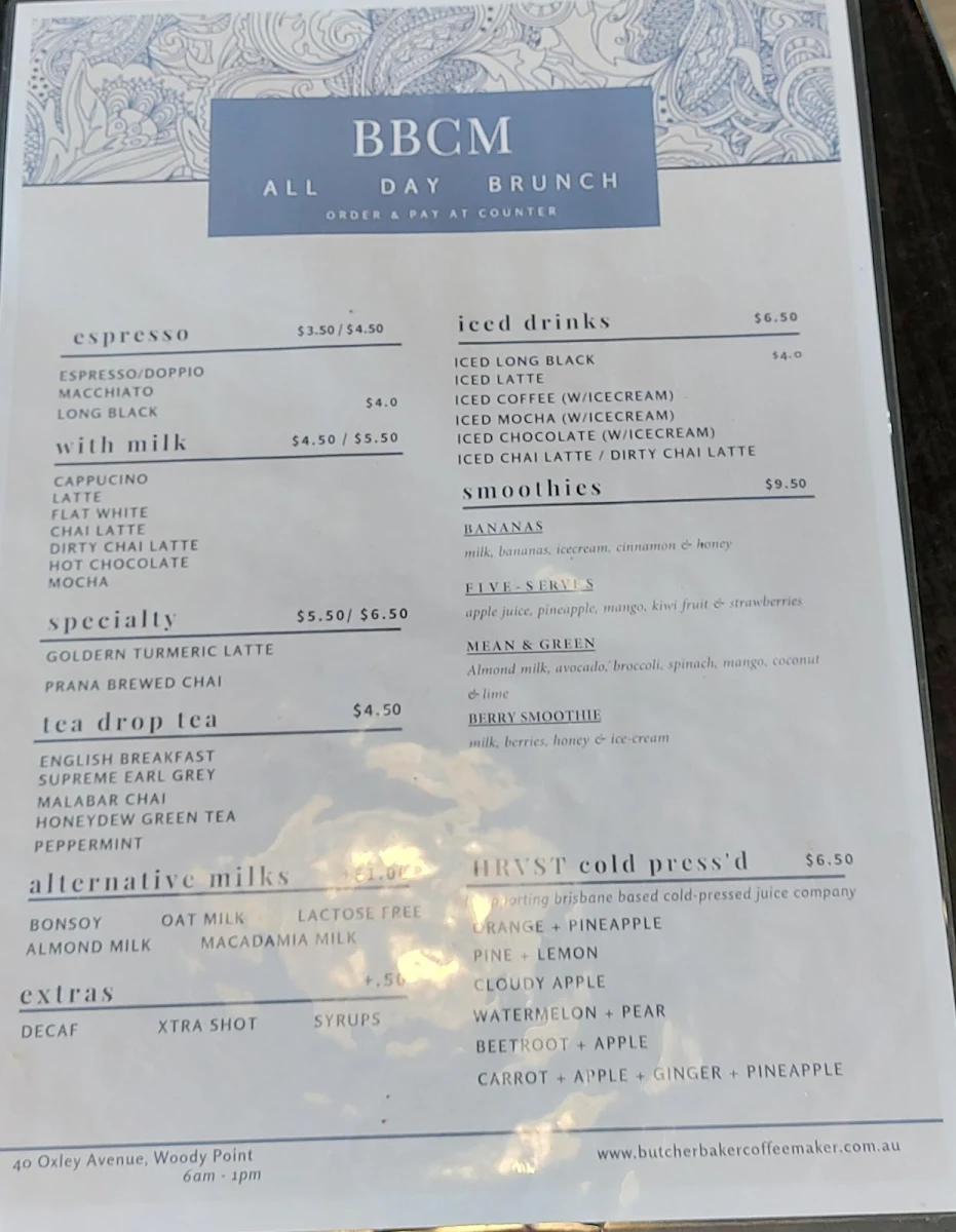 Menu, Butcher Baker Coffeemaker
