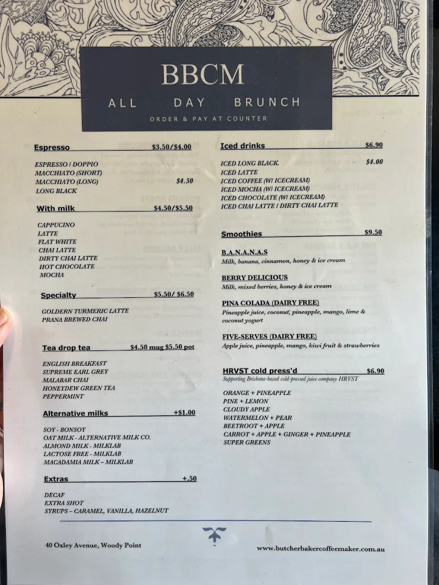 Menu, Butcher Baker Coffeemaker