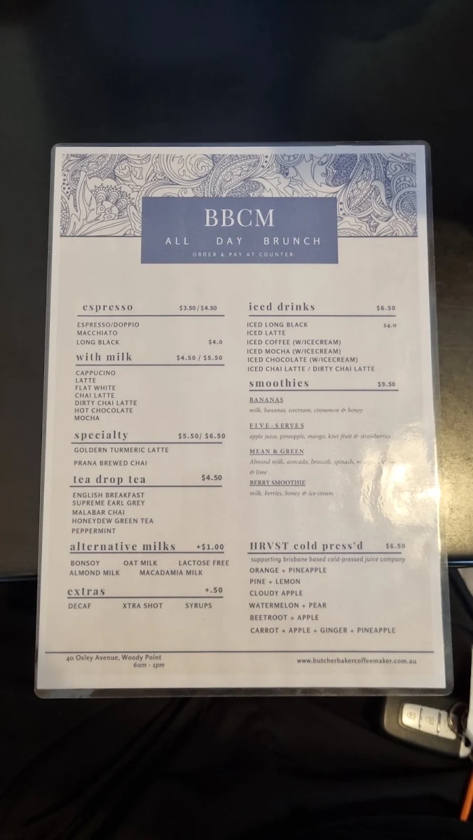Menu, Butcher Baker Coffeemaker