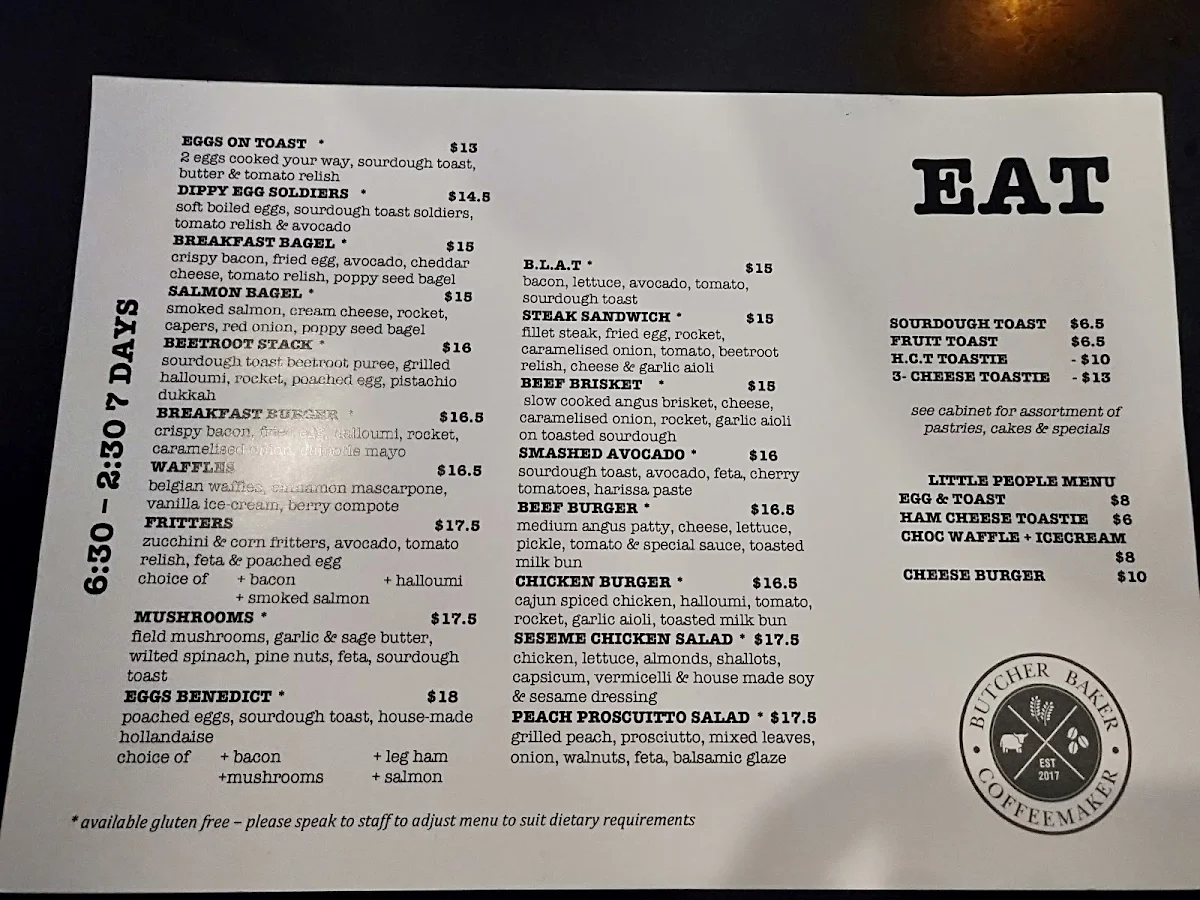 Menu, Butcher Baker Coffeemaker