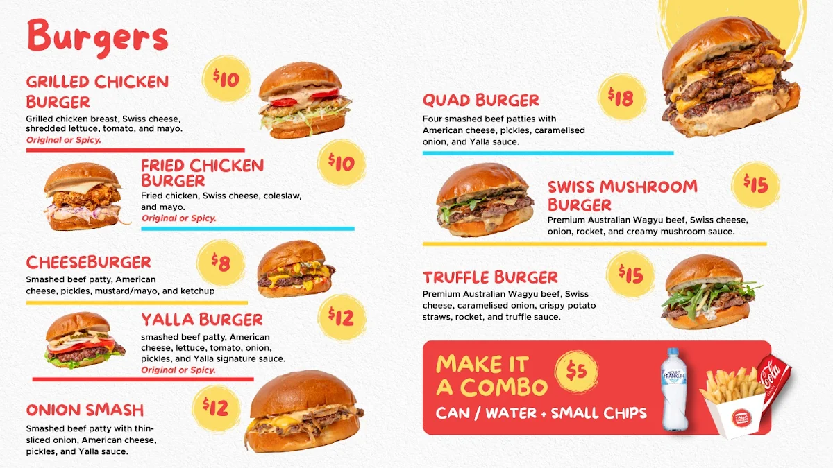 Menu, Yalla Burgers