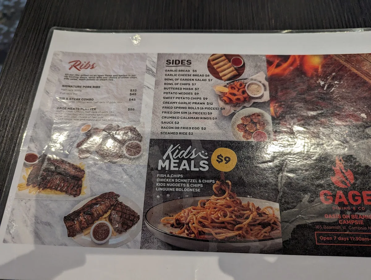 Menu, GAGE Dining & Co. (Campsie Oasis on Beamish Hotel Bistro)