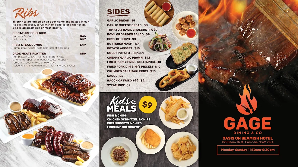 Menu, GAGE Dining & Co. (Campsie Oasis on Beamish Hotel Bistro)
