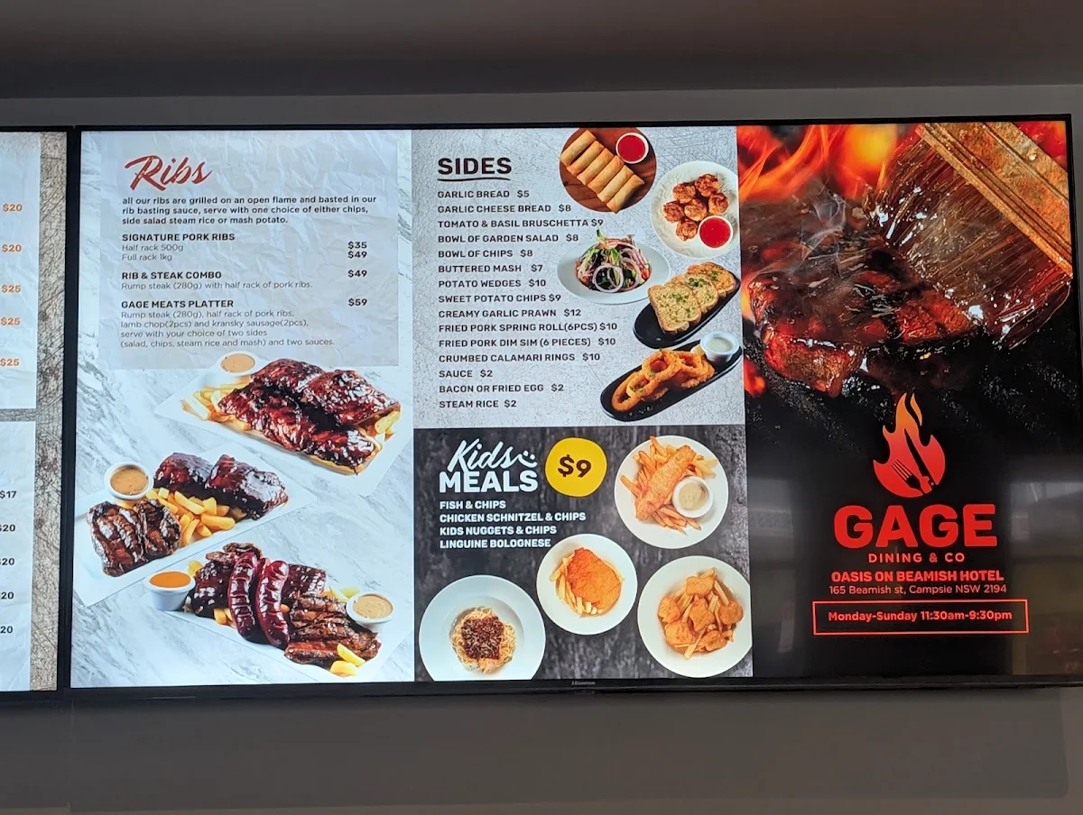 Menu, GAGE Dining & Co. (Campsie Oasis on Beamish Hotel Bistro)