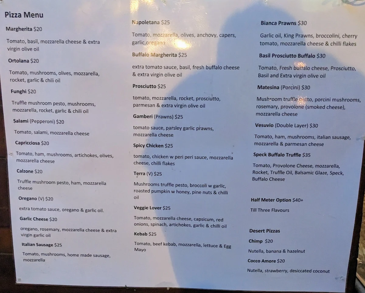 Menu, Fratelli Pulcinella Parramatta