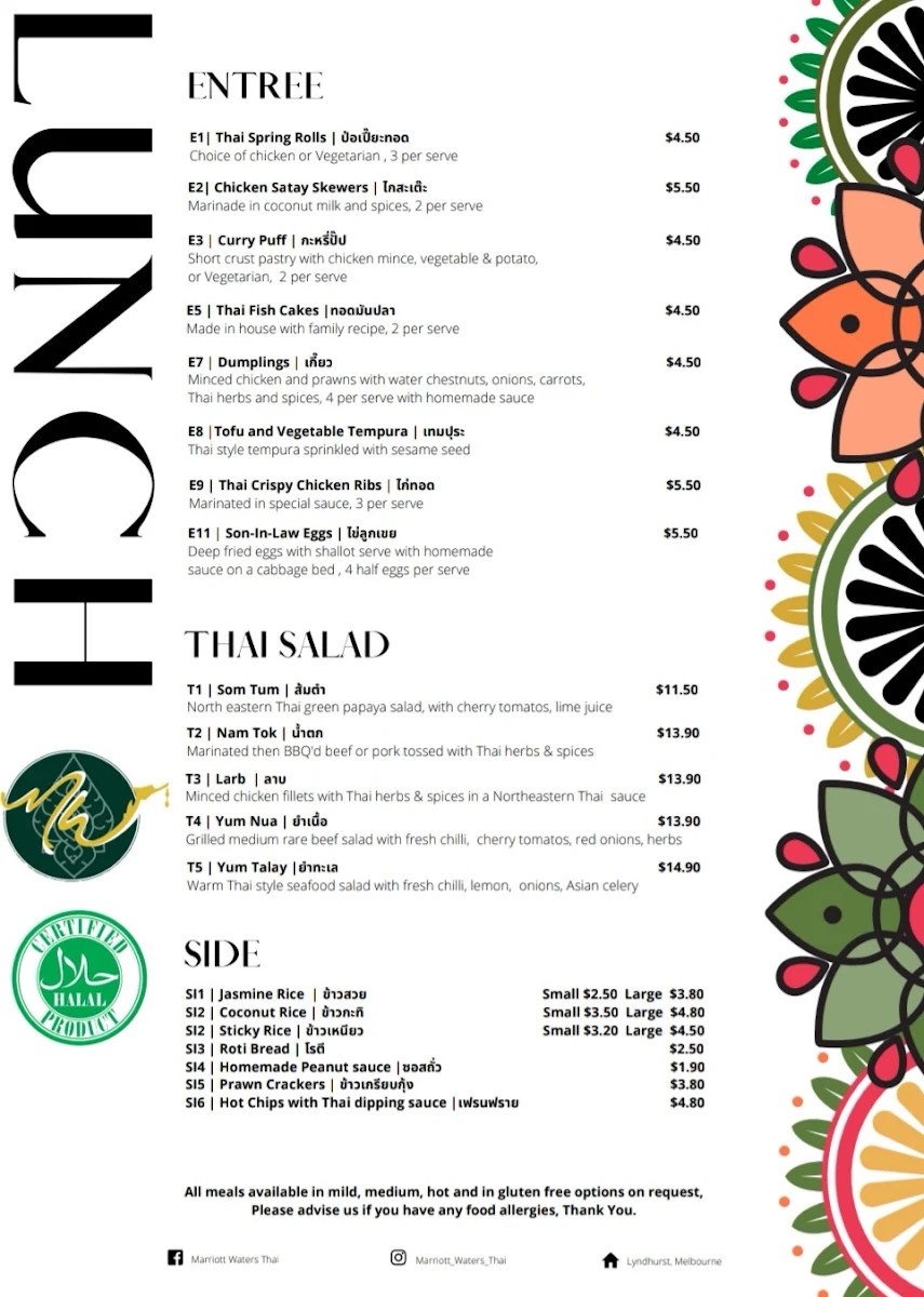 Menu, Marriott Waters Thai