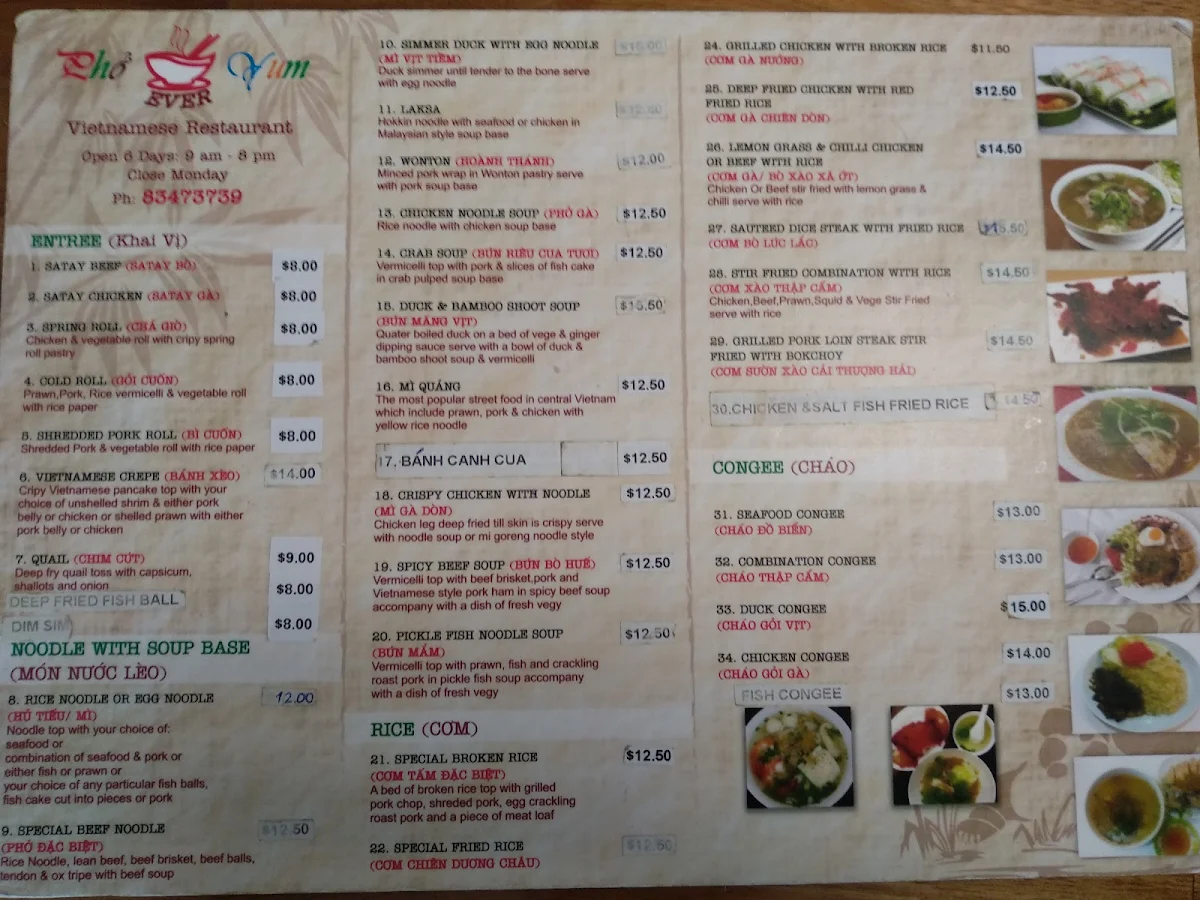 Menu, Pho Ever Yum