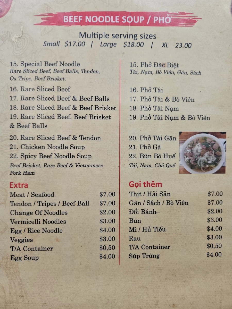 Menu, Pho Ever Yum