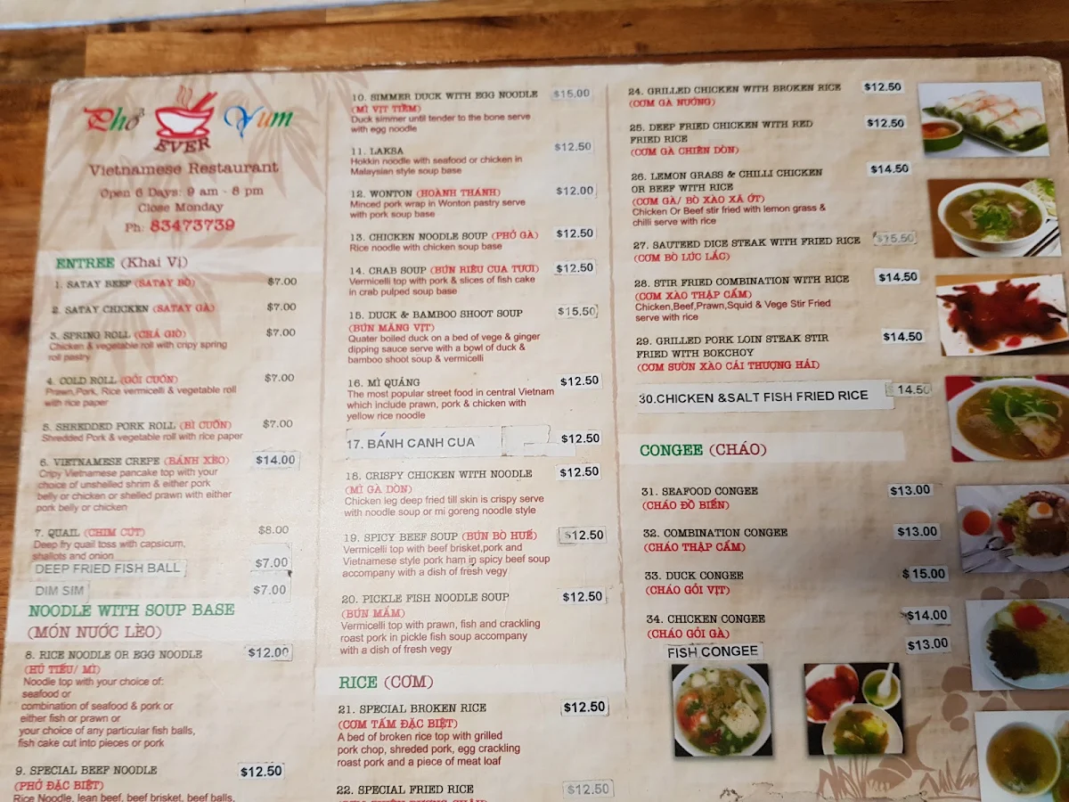 Menu, Pho Ever Yum