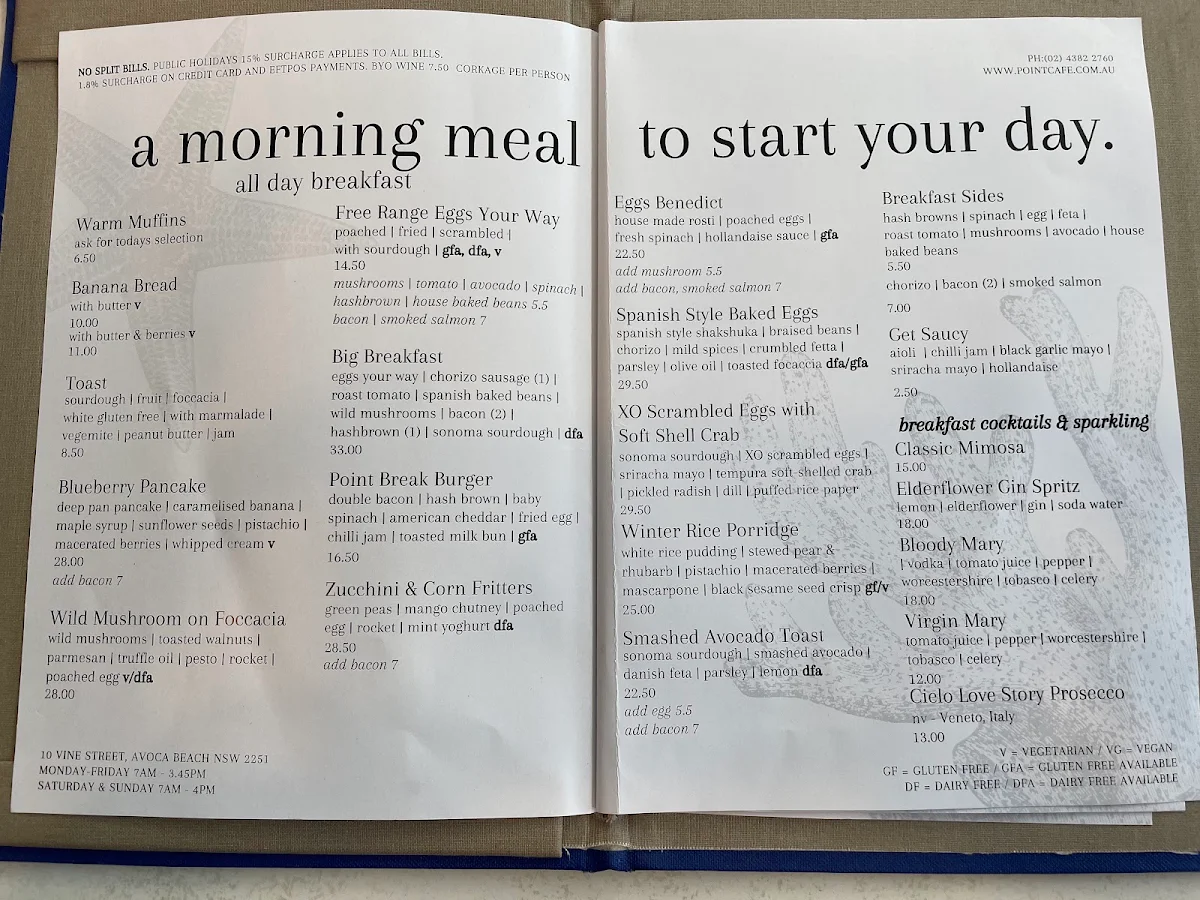 Menu, The Point at Avoca Beach