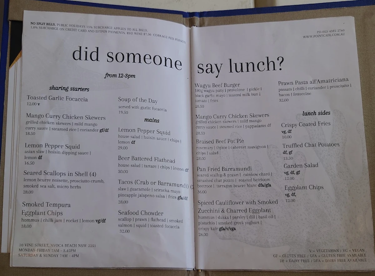Menu, The Point at Avoca Beach