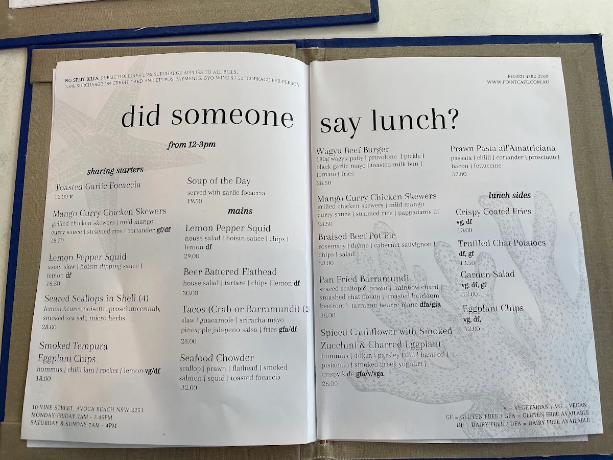 Menu, The Point at Avoca Beach