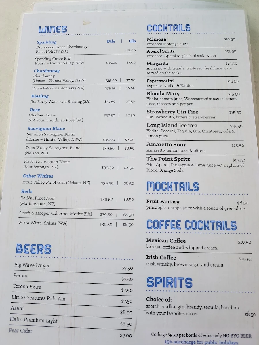 Menu, The Point at Avoca Beach