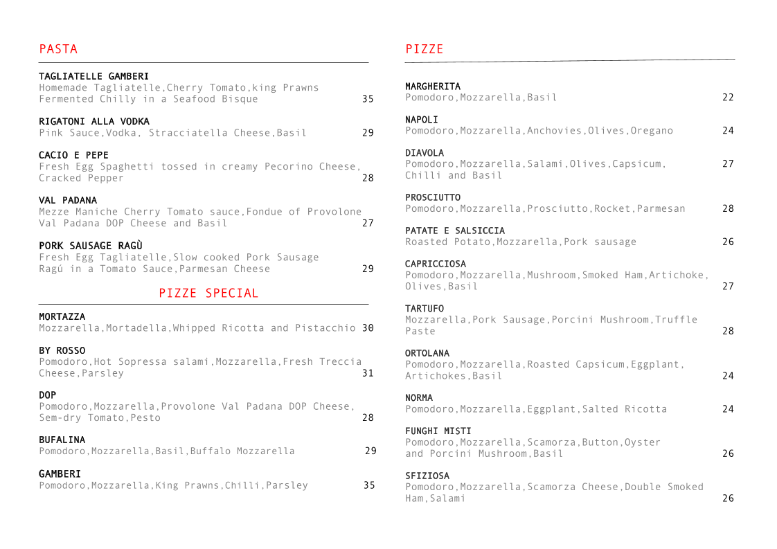 Menu, Rosso Antico Pizza Bar