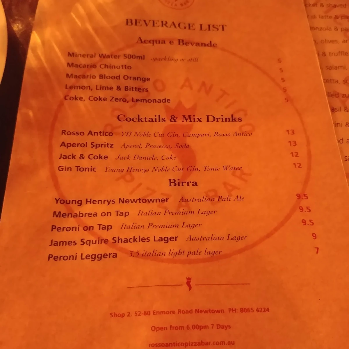 Menu, Rosso Antico Pizza Bar