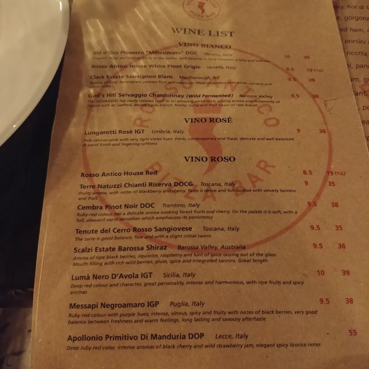 Menu, Rosso Antico Pizza Bar