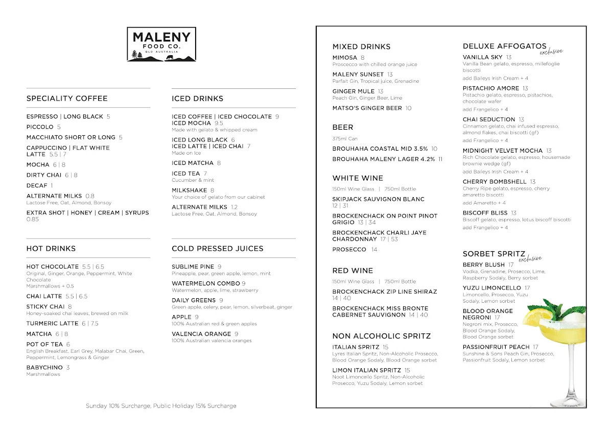 Menu, Maleny Food Co. Cafe