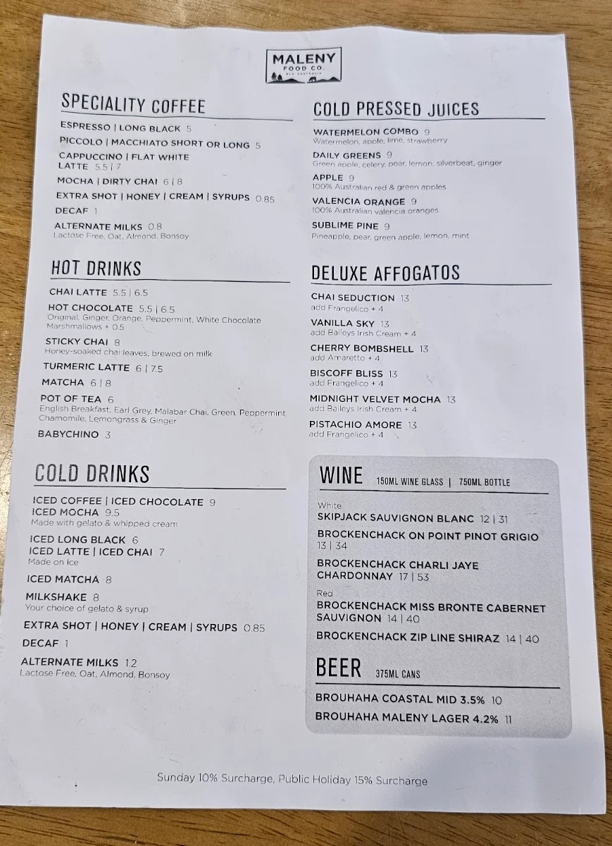Menu, Maleny Food Co. Cafe