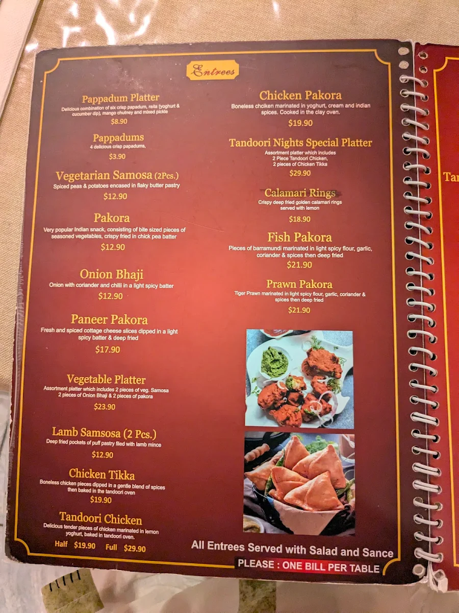 Menu, Tandoori Nights (Indian Restaurant)