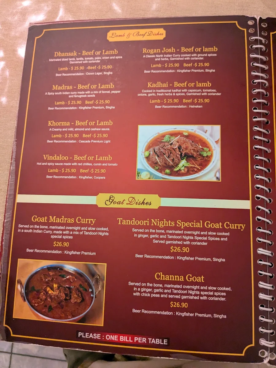 Menu, Tandoori Nights (Indian Restaurant)