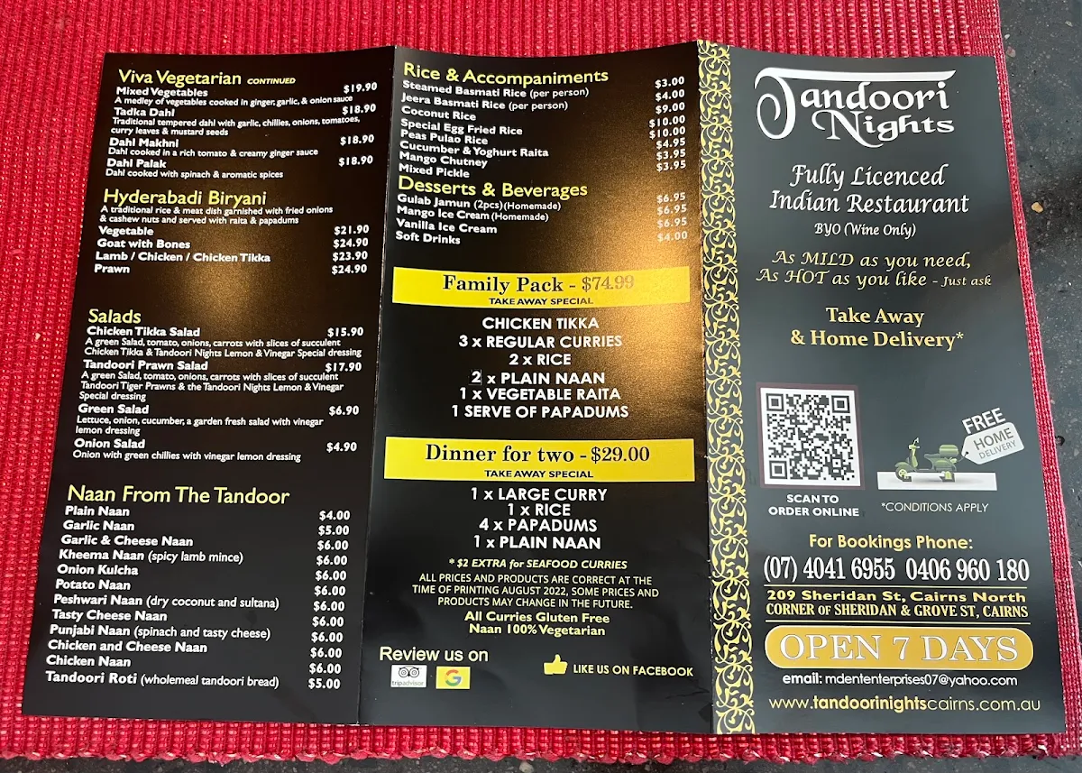 Menu, Tandoori Nights (Indian Restaurant)