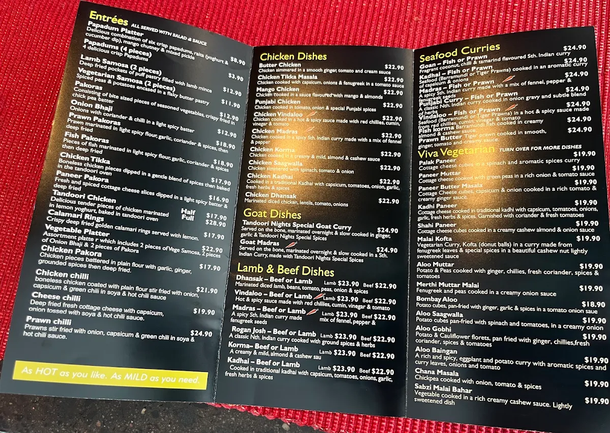 Menu, Tandoori Nights (Indian Restaurant)