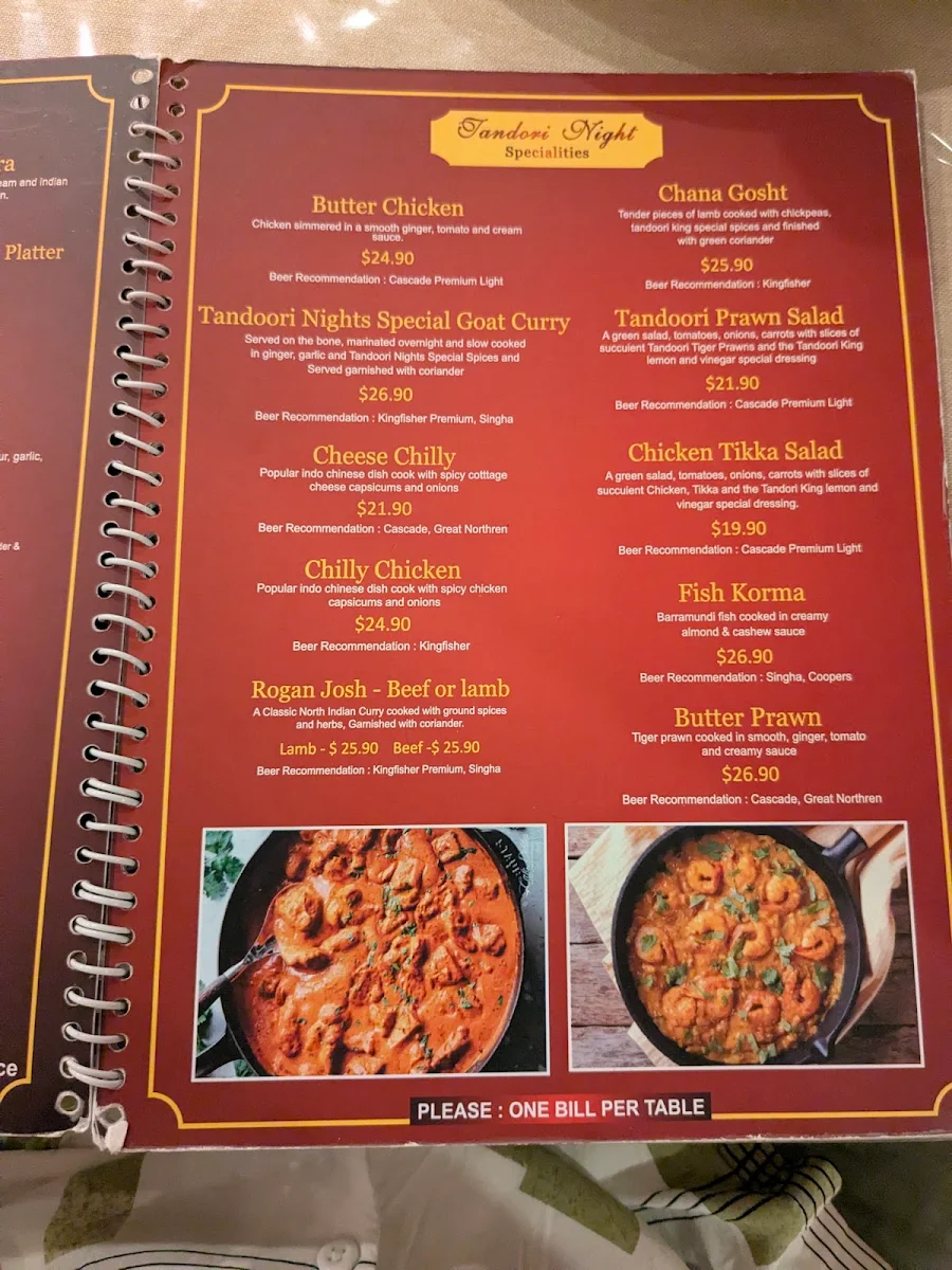 Menu, Tandoori Nights (Indian Restaurant)