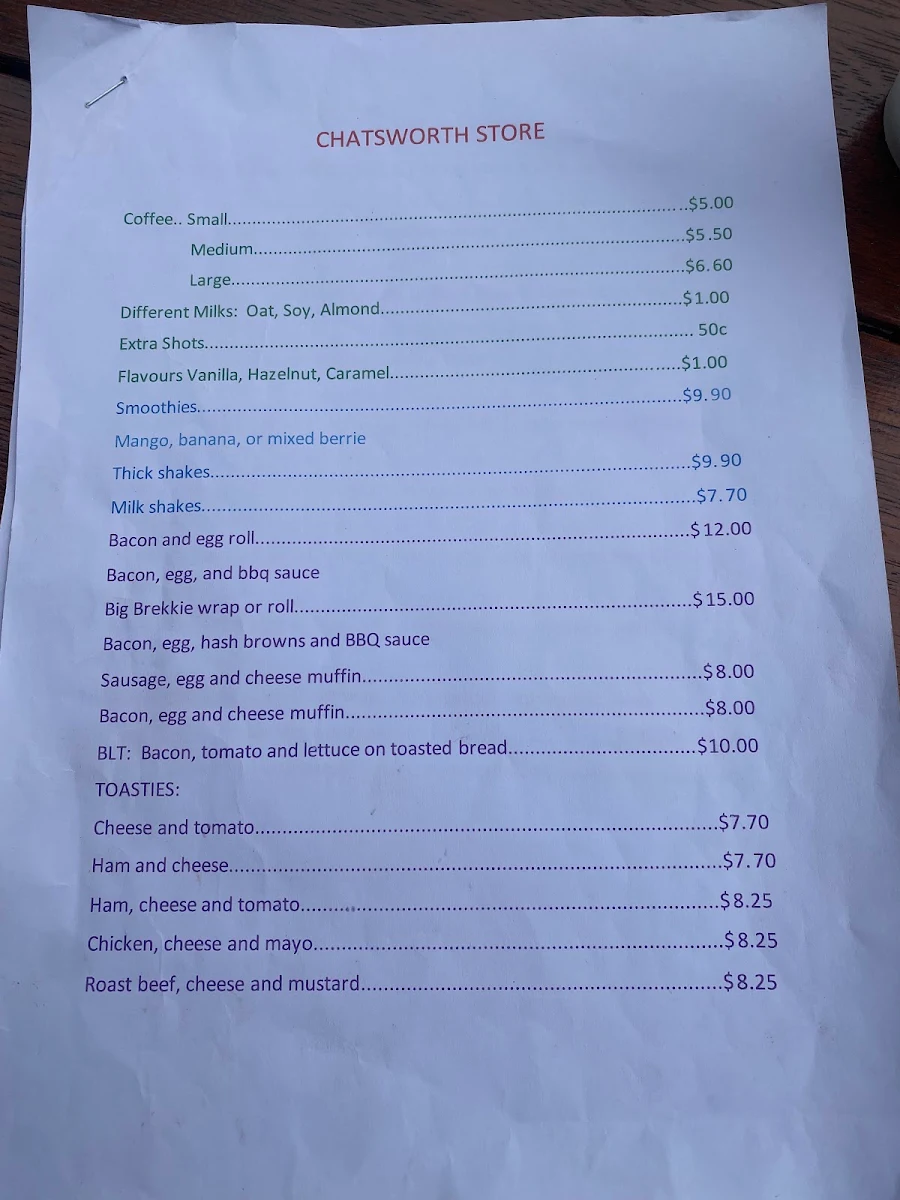 Menu, Chatsworth General Store
