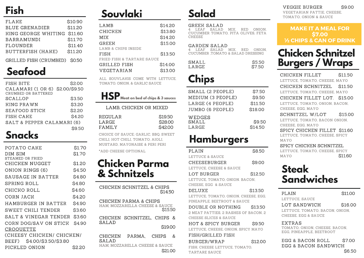 Menu, Outlook Drive Fish and Chips