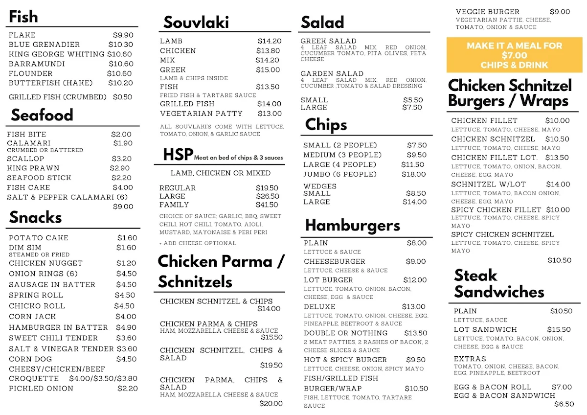 Menu, Outlook Drive Fish and Chips
