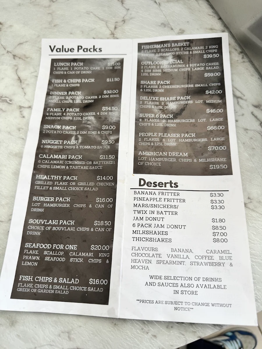 Menu, Outlook Drive Fish and Chips