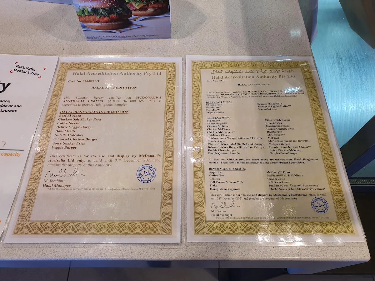 Menu, McDonald's Mirrabooka II