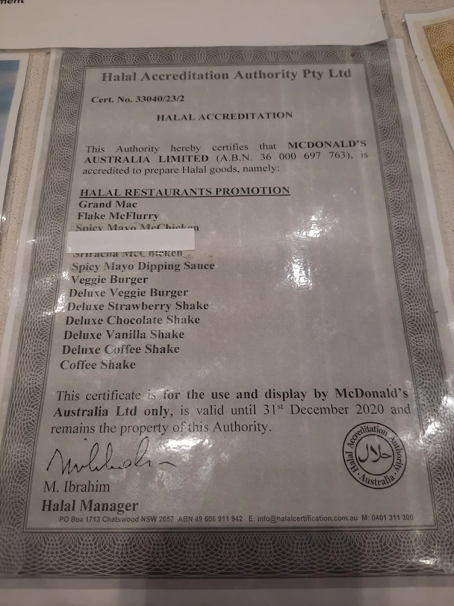 Menu, McDonald's Mirrabooka II
